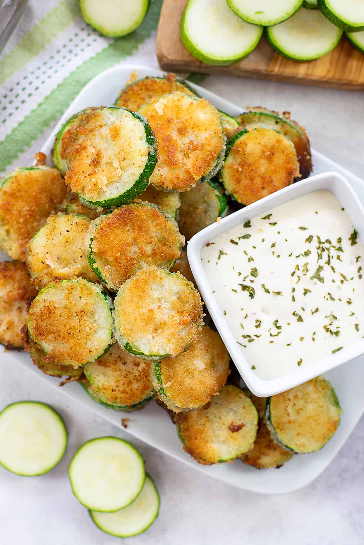 overhead view of fried zucchini on plate.