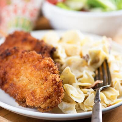 A couple of breaded pork chops on a plate with noodles.