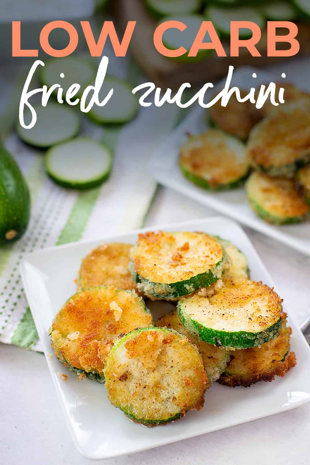 low carb fried zucchini on white plate.