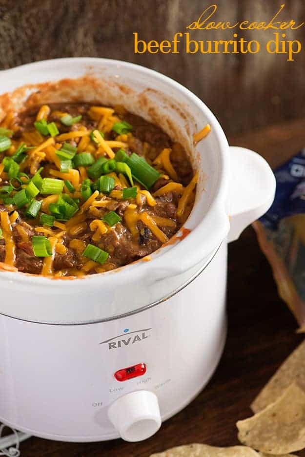 Crock pot bean dip! This dip tastes like a beef burrito! We love this football food!