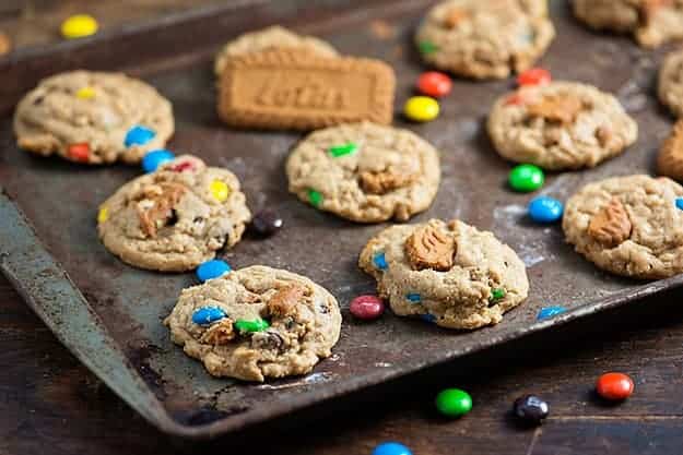 Biscoff Oatmeal Crunch Cookies - made with speculoos cookie butter and plenty of m&m candies!