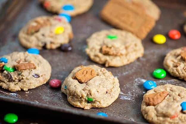 Biscoff Oatmeal Crunch Cookies - made with speculoos cookie butter and plenty of m&m candies!