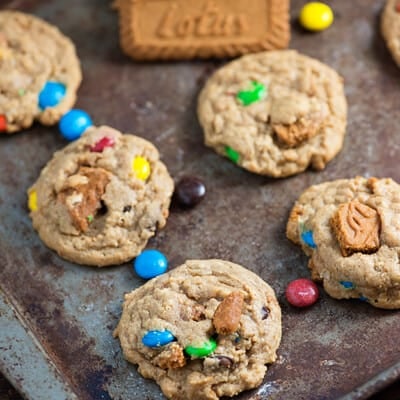 Biscoff Oatmeal Crunch Cookies - made with speculoos cookie butter and plenty of m&m candies!