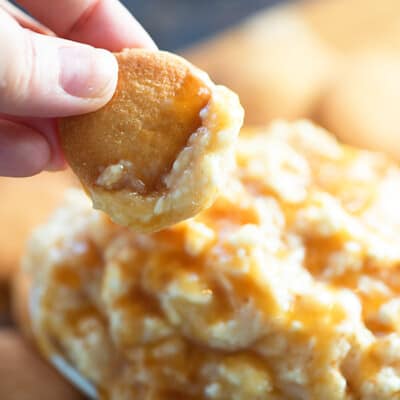 Three ingredient, one bowl, caramel apple cheesecake dip! Ready in just 2 minutes!