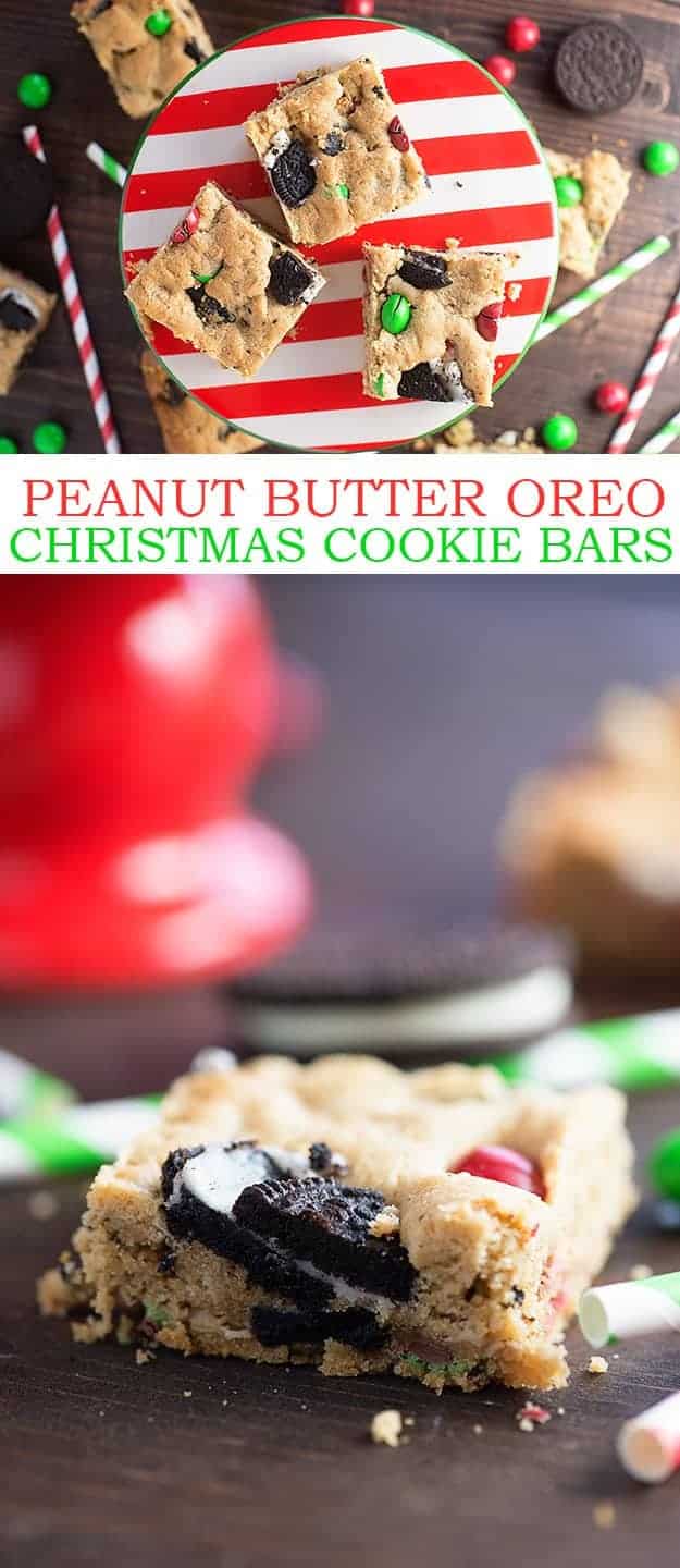 These easy Christmas cookies are loaded with peanut butter, Oreo cookies, and peanut butter m&m candies! Perfect holiday dessert! 