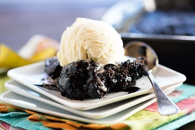 Rich, fudgy chocolate cobbler - it's a like a layer of gooey chocolate, topped with a brownie, and it's EASY!