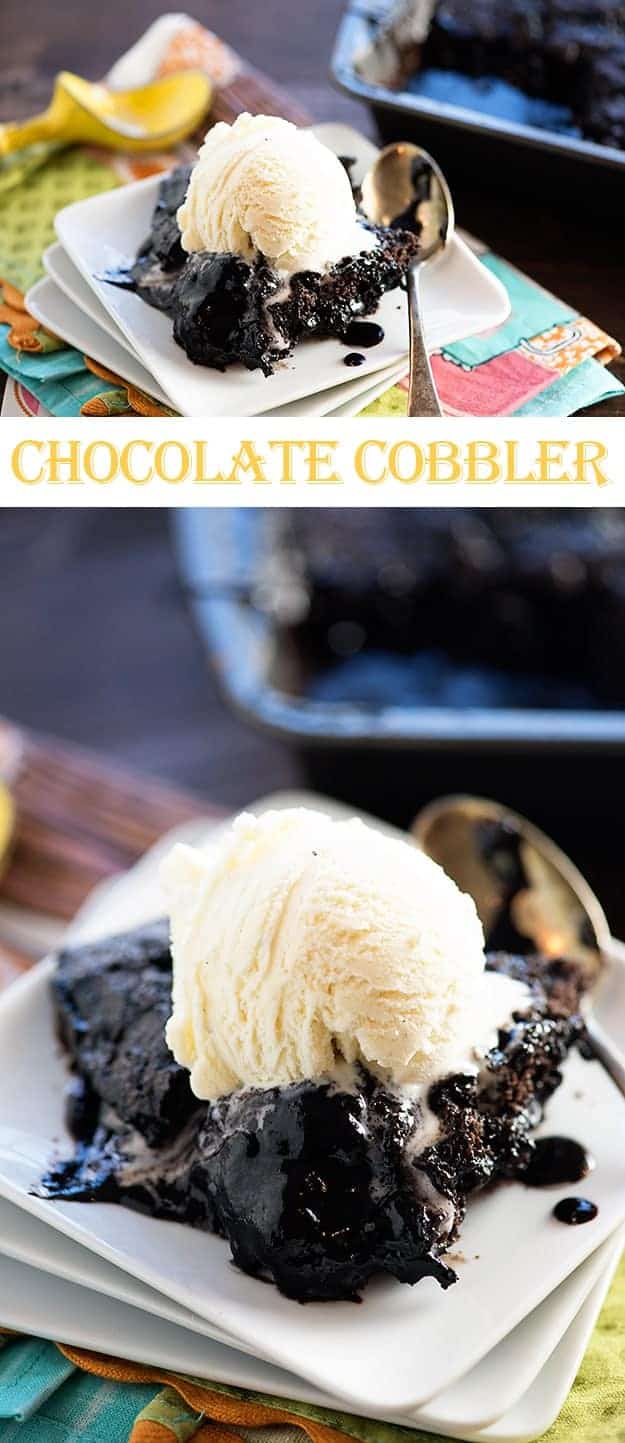 Rich, fudgy chocolate cobbler - it's a like a layer of gooey chocolate, topped with a brownie, and it's EASY!