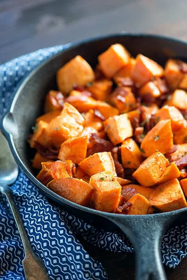 Maple Bacon Roasted Sweet Potatoes - ready in just 30 minutes and the perfect side dish for any family dinner. Even my kids like these!