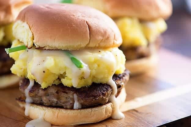 A moist and juicy turkey burger topped with mashed potatoes and gravy! It's like Thanksgiving dinner sandwiched between two buns! 