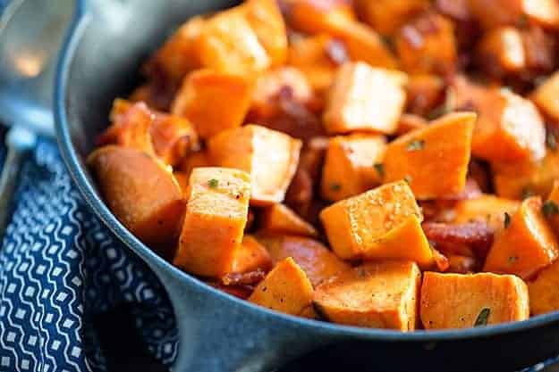 Maple Bacon Roasted Sweet Potatoes - ready in just 30 minutes and the perfect side dish for any family dinner. Even my kids like these!