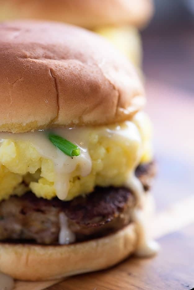 A moist and juicy turkey burger topped with mashed potatoes and gravy! It's like Thanksgiving dinner sandwiched between two buns! 