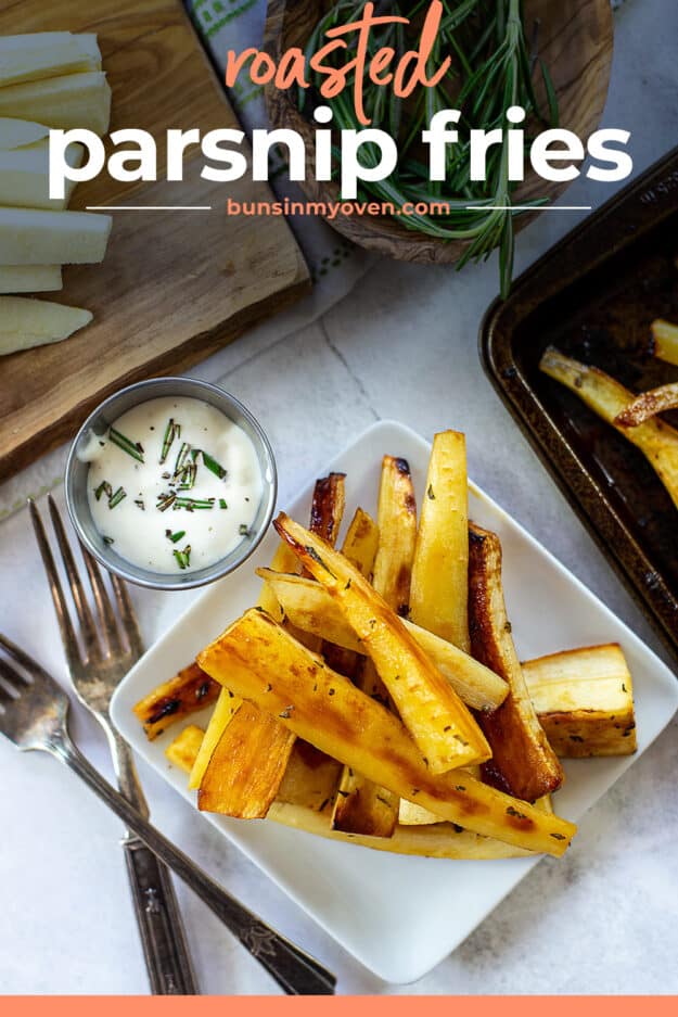 overhead view of parsnips on white plate with text for Pinterest.