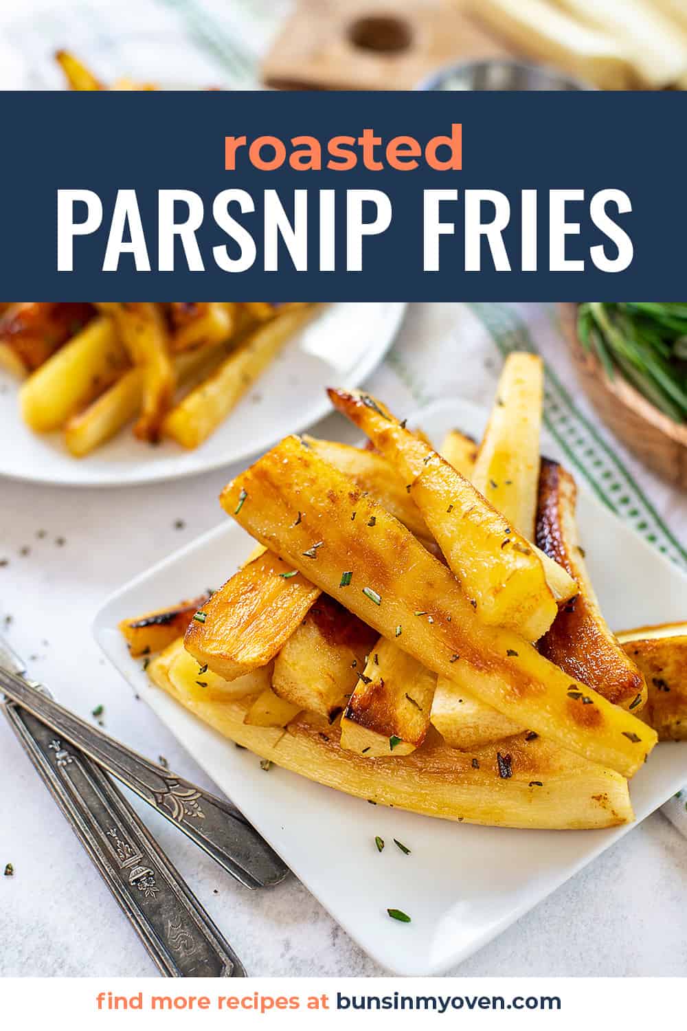 parsnip fries on plate with text for PInterest.