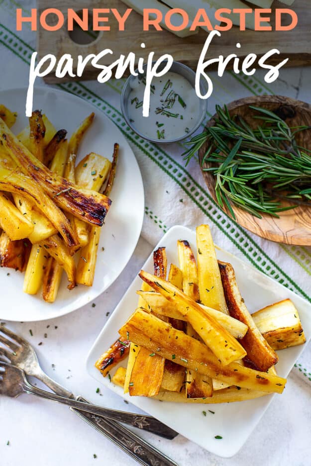 honey roasted parsnips on white plates with text for Pinterest.