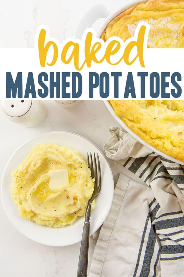 baked mashed potatoes on white plate with text for Pinterest.