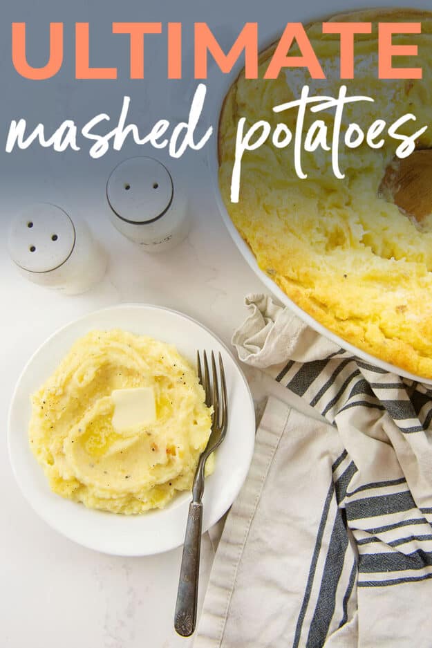 mashed potatoes on plate with text for Pinterest.