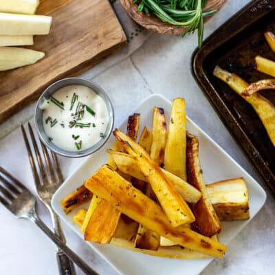 overhead view of parsnip fries on plate.