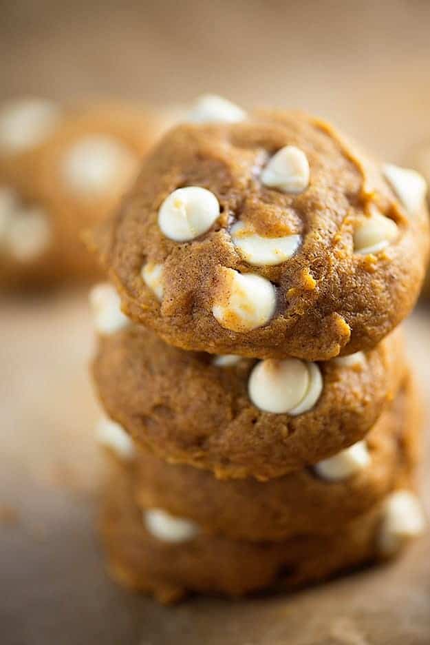 White chocolate pumpkin cookies stacked up.