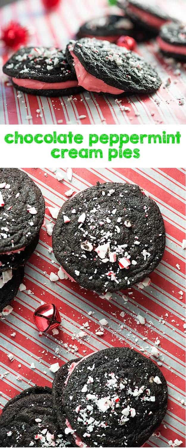 Chocolate cream pies topped with crushed peppermint on a red and white stripped placemat.