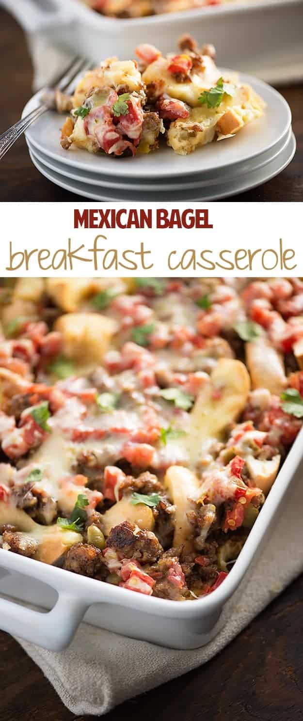 Mexican Breakfast Casserole - loaded with bagels, cheese, sausage, and tomatoes with chiles! Such an easy way to get breakfast on the table!