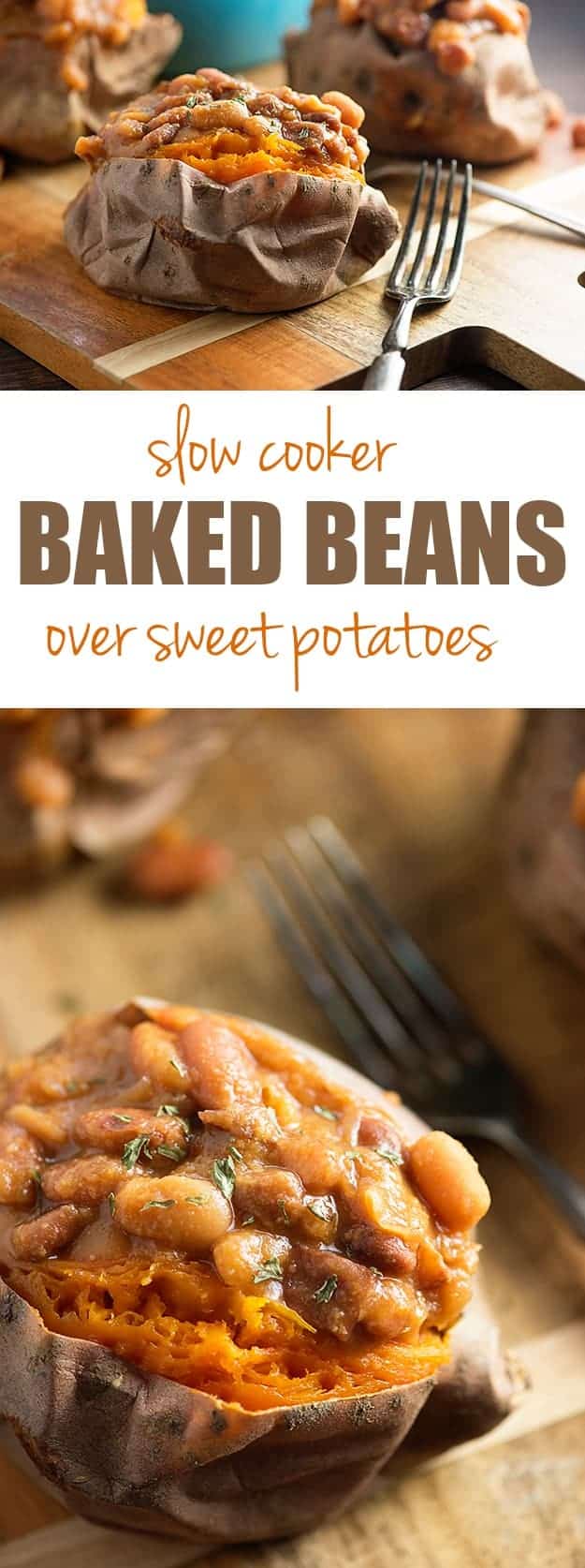 These crock pot baked beans are loaded with diced ham! Serve them over baked sweet potatoes for an easy dinner!