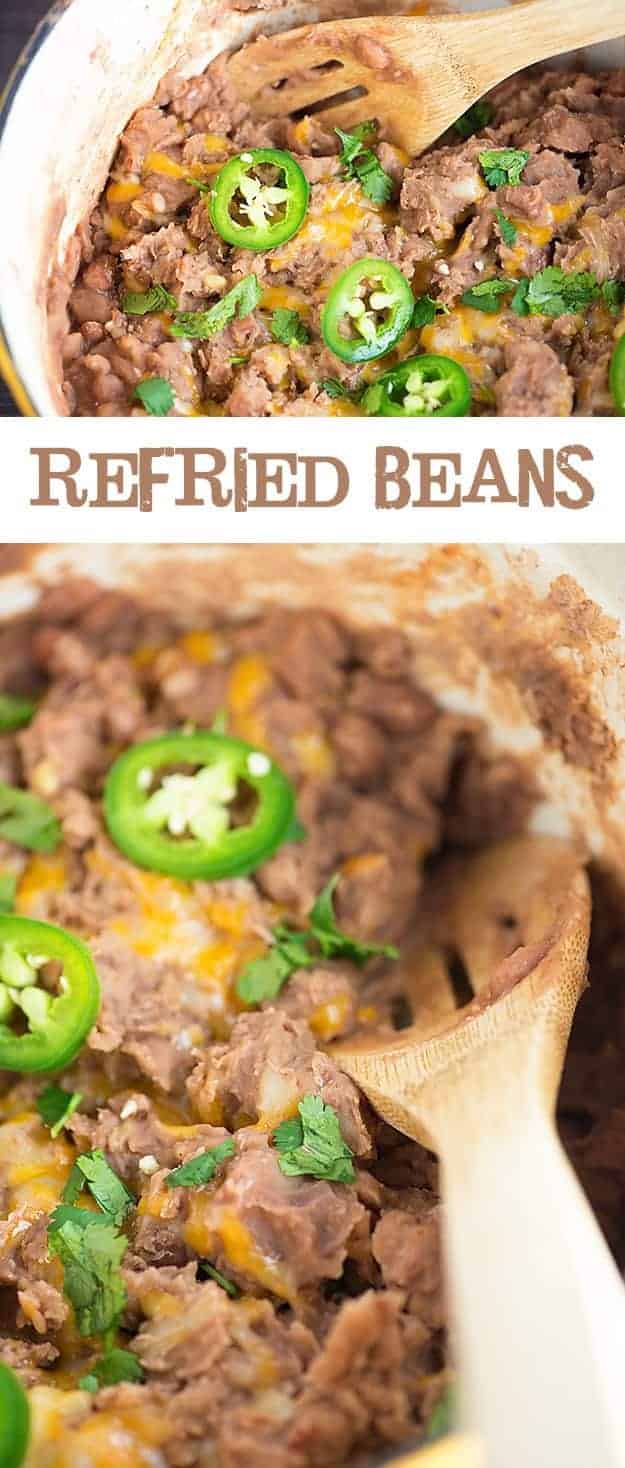 A close up of a wooden spoon scooping up refried beans.