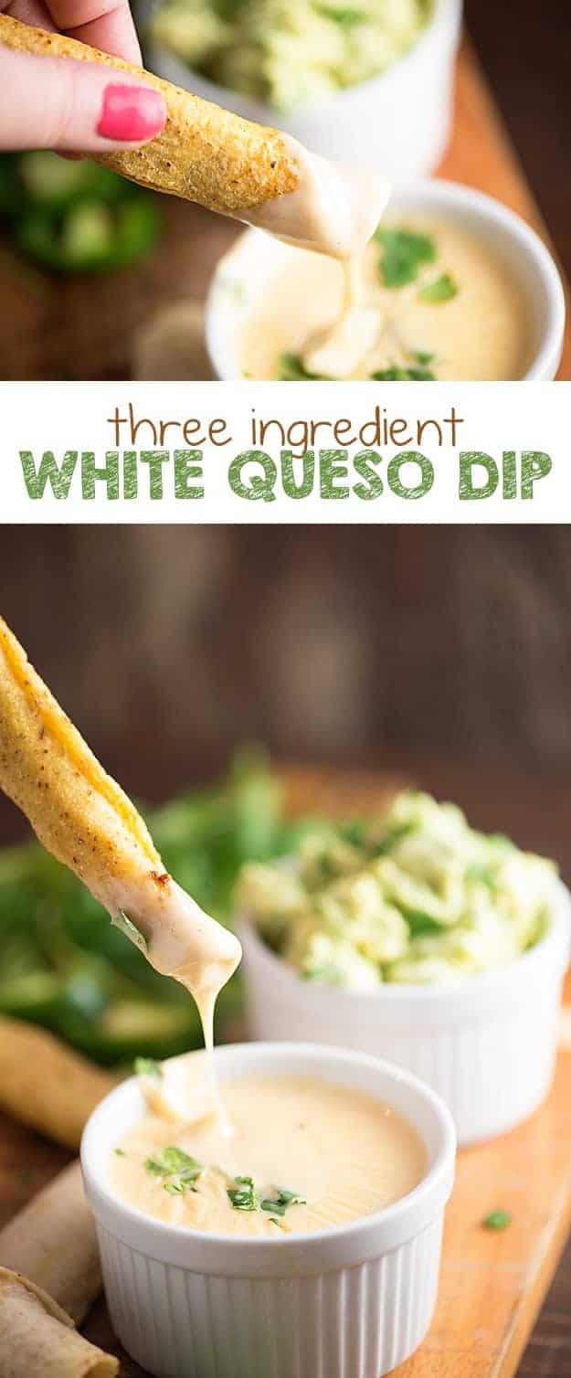 A close up of a taquito being dipped into a white queso dip.