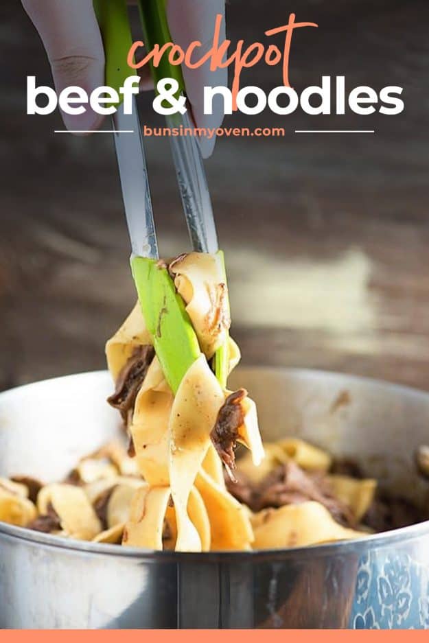 tongs pulling up strands of beef and noodles from a pot.