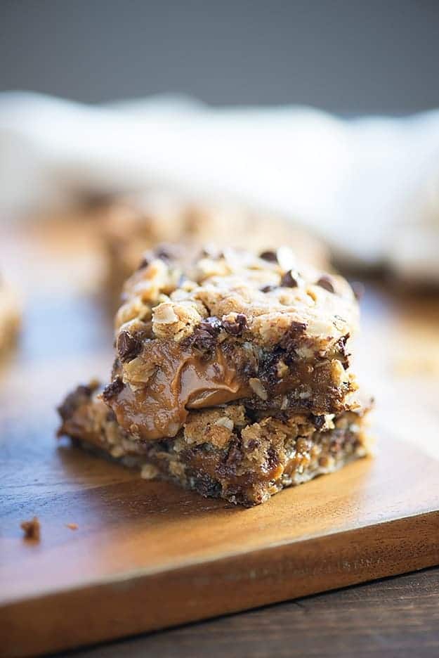 A square of caramel peanut butter cookie bars.