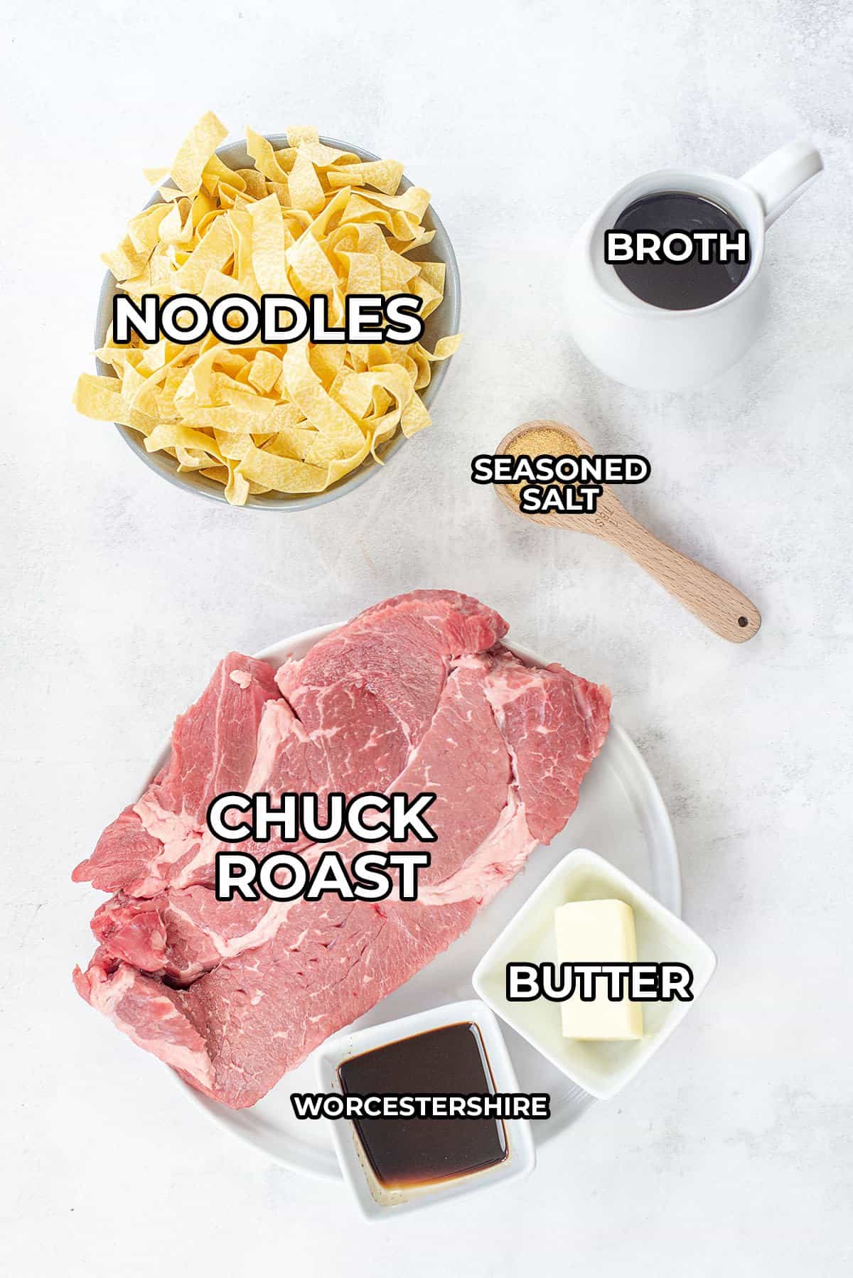 ingredients for crock pot beef and noodles recipe.