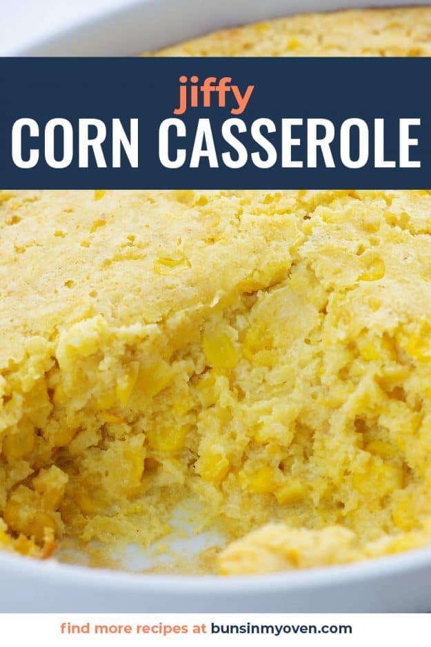 corn casserole in white dish.