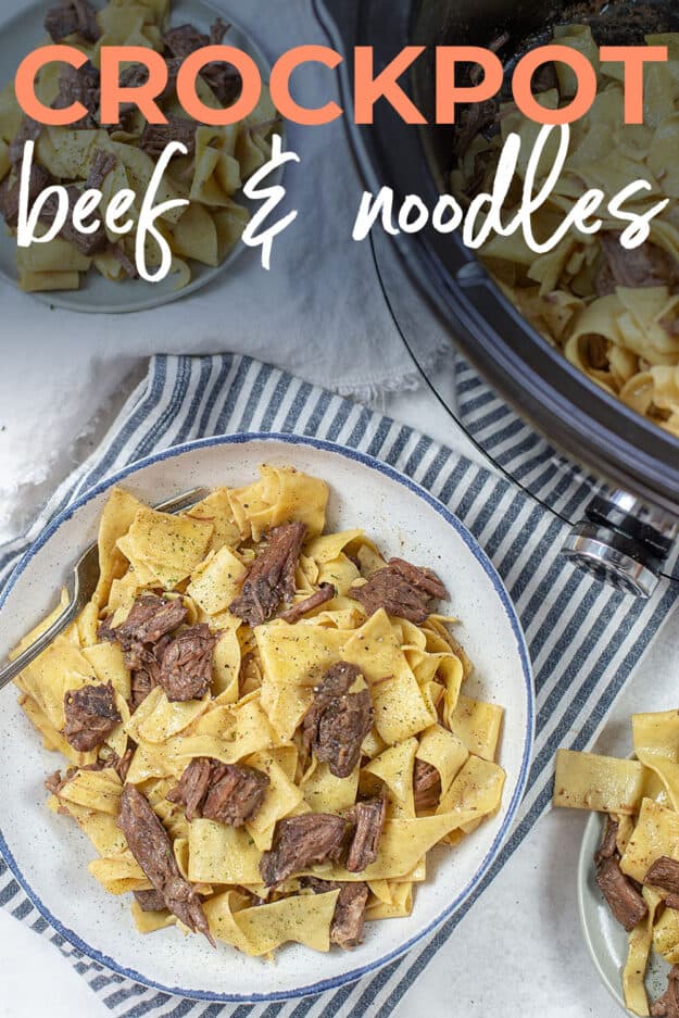 beef and noodles in white plate with text for Pinterest.