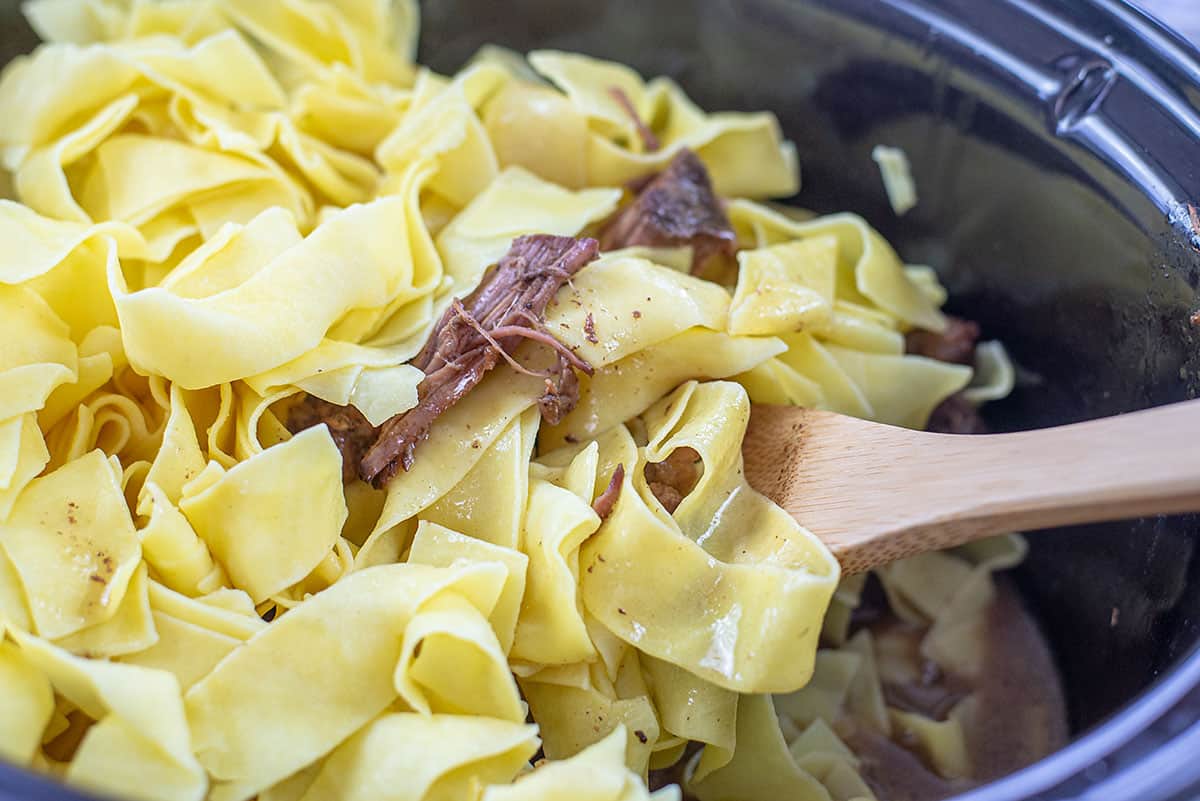 beef and noodles in crockpot.