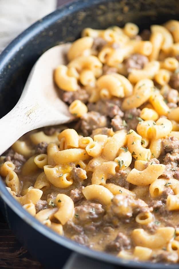 A close up of a macaroni an ground hamburger in a skillet.