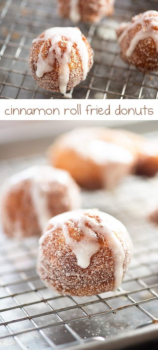 Fried donut holes with icing drizzled over the top.