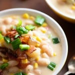 This sweet corn and bean chowder is loaded with fresh veggies and beans! It's such a light dish, but super filling.