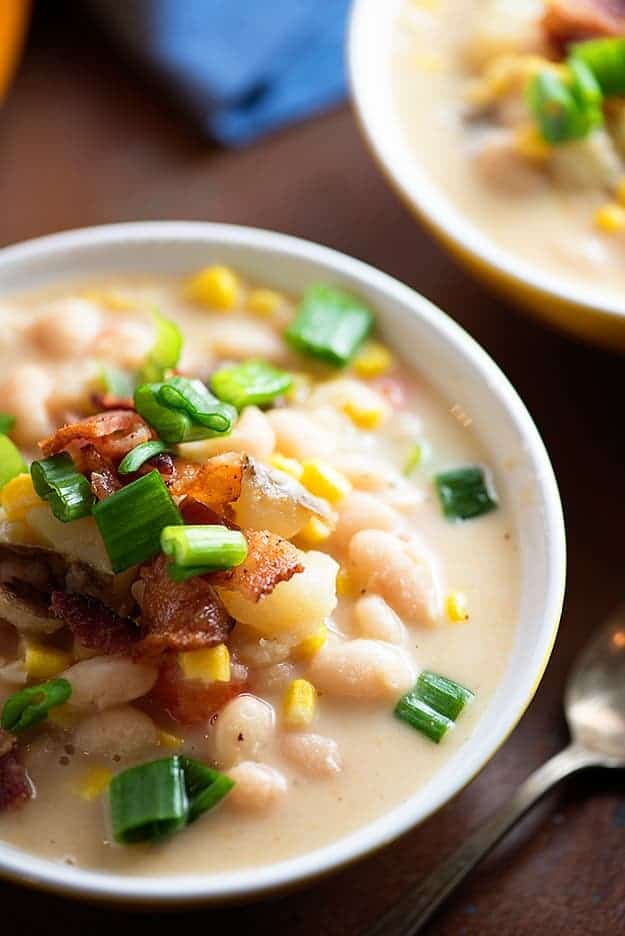 This sweet corn and bean chowder is loaded with fresh veggies and beans! It's such a light dish, but super filling.