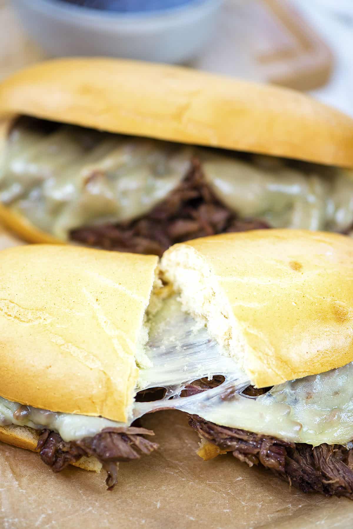 French dip sandwich with melty cheese.