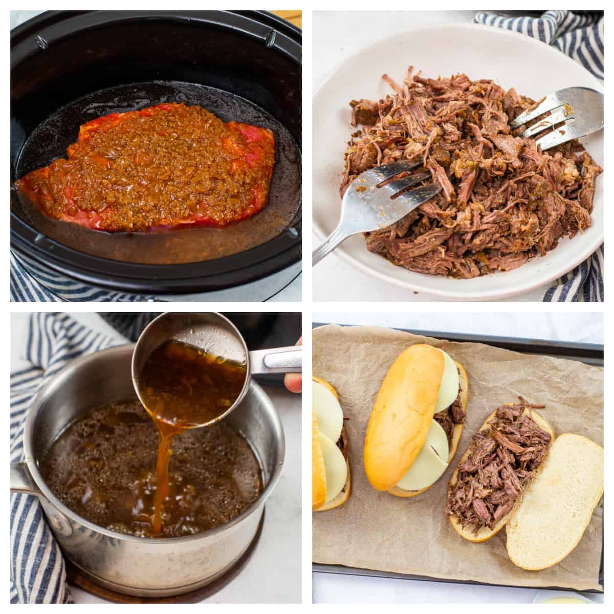 Collage showing how to make a French dip in the crockpot.