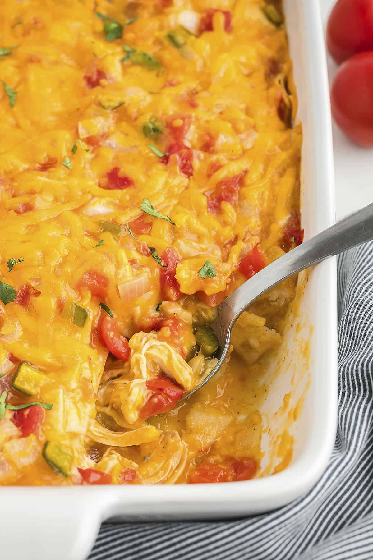 King ranch casserole in white baking dish.