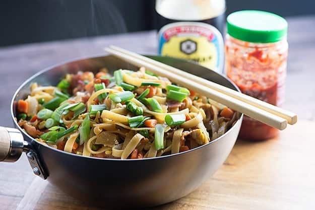 lo mein recipe with bacon in small wok