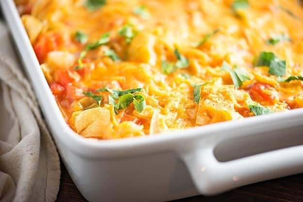 A baking pan full of cooked casserole.