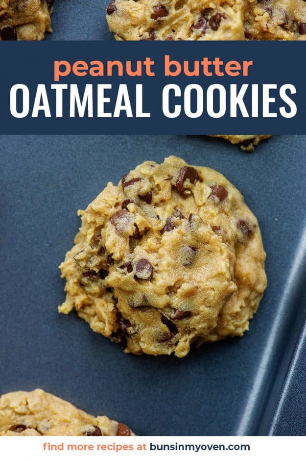 peanut butter oatmeal chocolate chip cookies on baking sheet