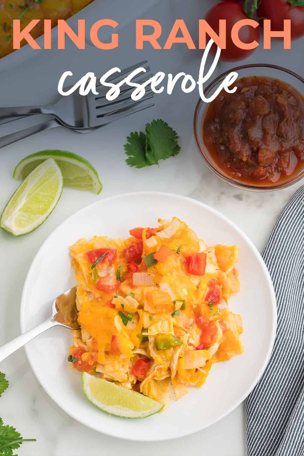 King Ranch Casserole on white plate with text for Pinterest.
