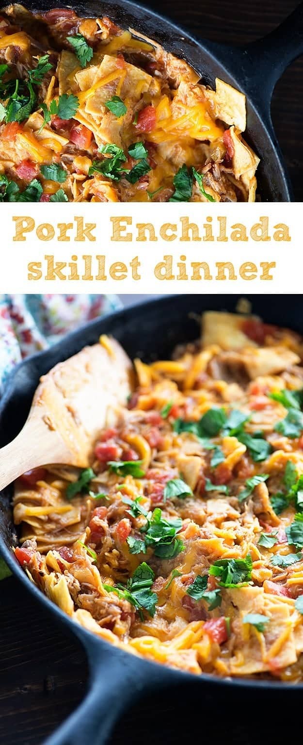 A skillet with cheese and pork in it.