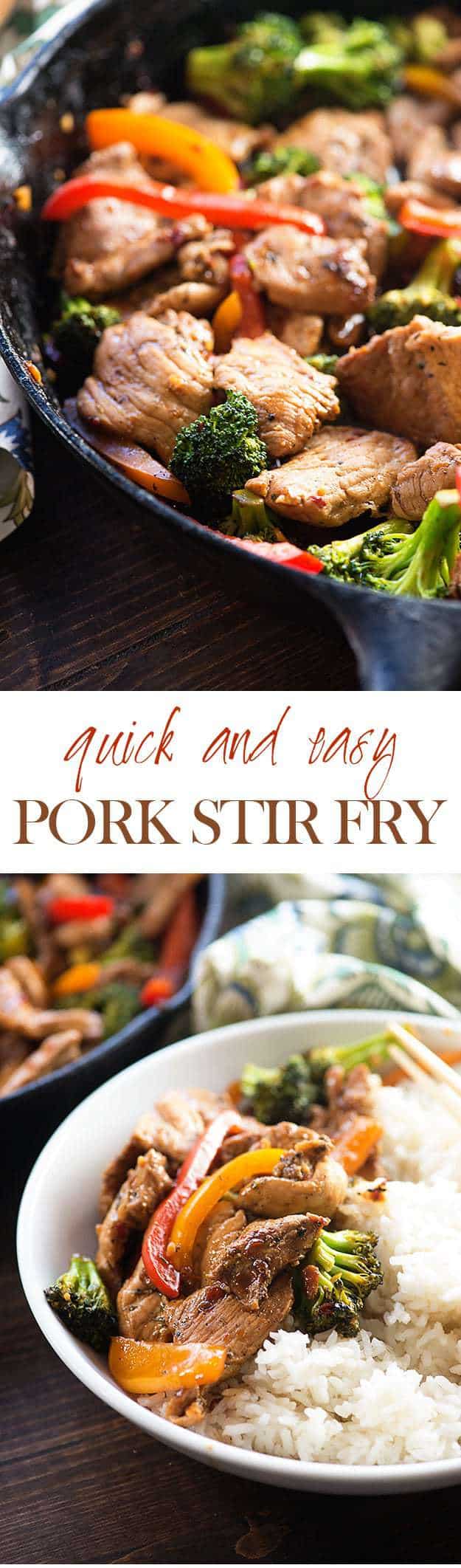 Pork stir fry in a cast iron skillet