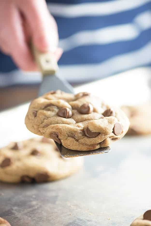 My perfectly thick and chewy chocolate chip cookies! Best part: NO CHILLING THE DOUGH!