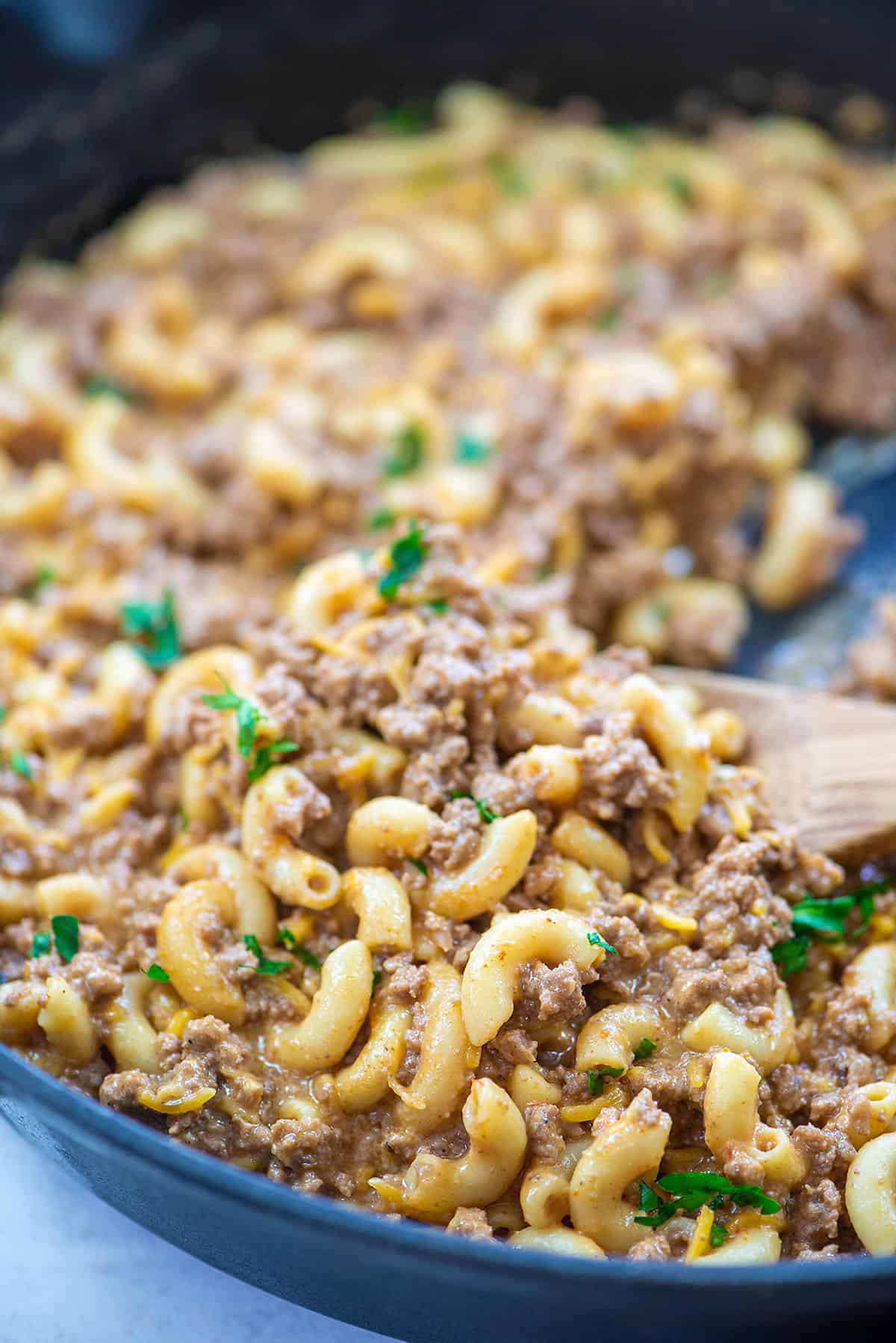 homemade hamburger helper in skillet.