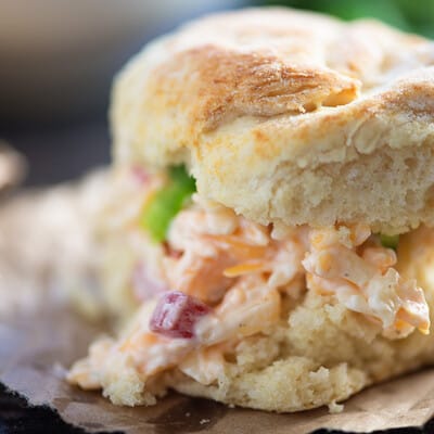 My dad's perfect fluffy biscuits filled with spicy pimento cheese. This is southern food at it's finest.