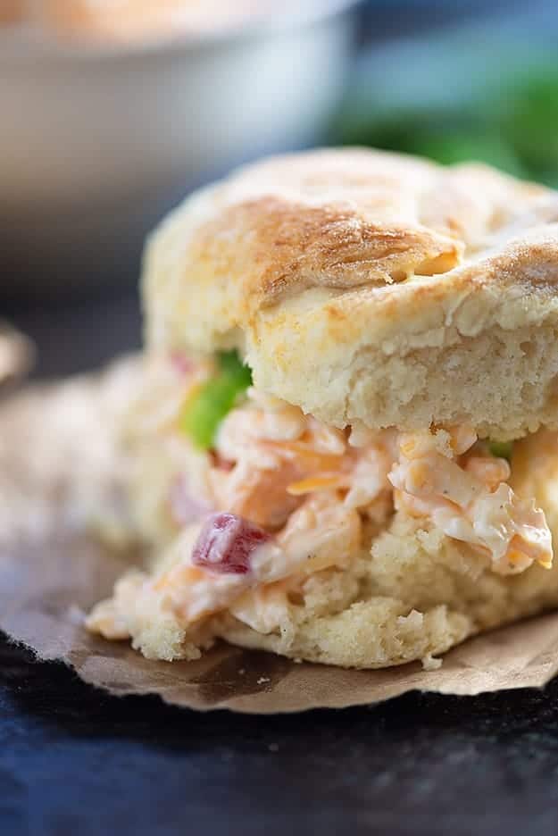 My dad's perfect fluffy biscuits filled with spicy pimento cheese. This is southern food at it's finest. 